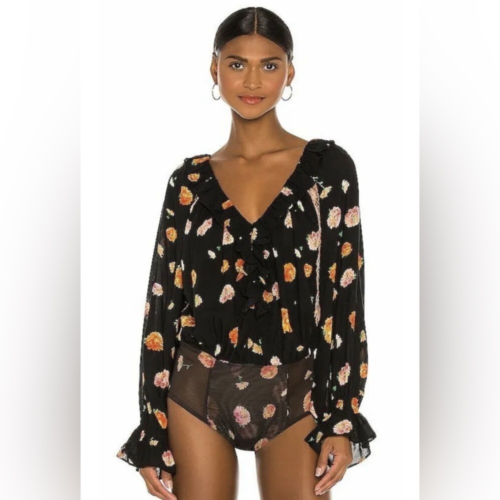 Free People Women’s Floral Ruffle Poppy Printed Bodysuit in Black Combo L